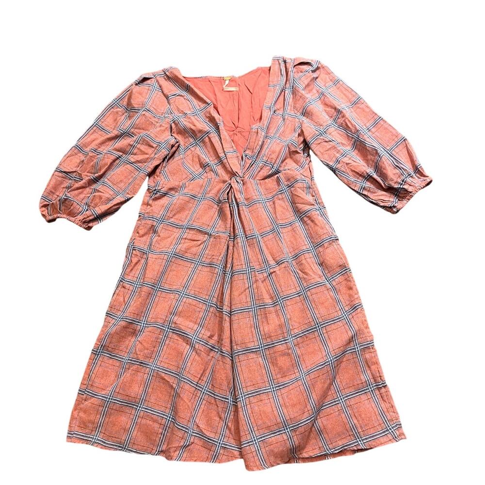 Free People Miss Molly Red and Blue Plaid Deep V Neck Dress Size 4 - Picture 2 of 11